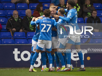 Fraser Horsfall #6 of Stockport County F.C. celebrates his goal during the FA Cup First Round match between Stockport County and Forest Gree...