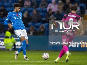 Tyler Onyango, number 24 of Stockport County F.C., participates in the FA Cup First Round match between Stockport County and Forest Green Ro...