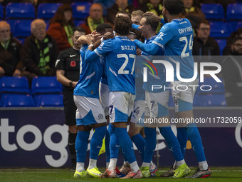 Stockport County F.C. celebrates Fraser Horsfall #6 of Stockport County F.C. making it 1-0 during the FA Cup First Round match between Stock...