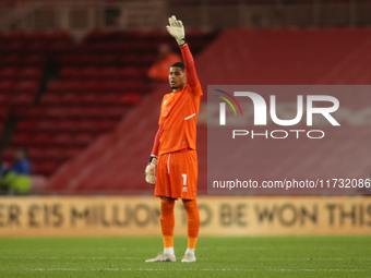 Middlesbrough goalkeeper Seny Dieng participates in the Sky Bet Championship match between Middlesbrough and Coventry City at the Riverside...