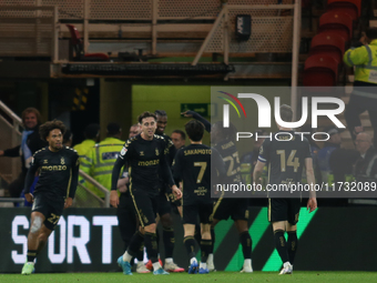 Coventry City players celebrate their third goal during the Sky Bet Championship match between Middlesbrough and Coventry City at the Rivers...