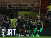 Coventry City players celebrate their third goal during the Sky Bet Championship match between Middlesbrough and Coventry City at the Rivers...