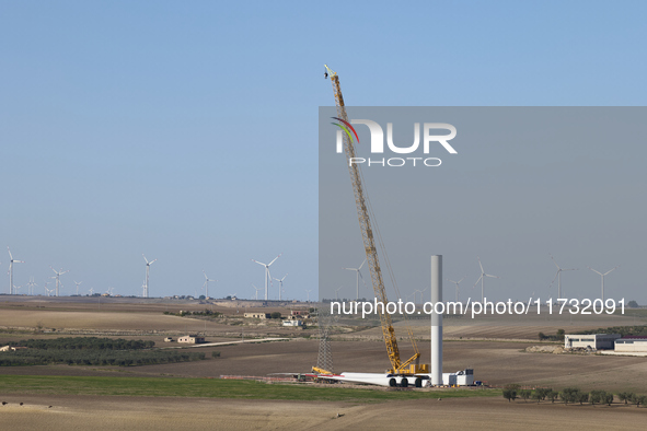 A large crane assembles a wind turbine in the rolling hills of Castelluccio dei Sauri, Foggia, Italy, on November 1, 2024. This wind farm ex...