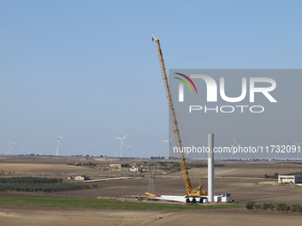 A large crane assembles a wind turbine in the rolling hills of Castelluccio dei Sauri, Foggia, Italy, on November 1, 2024. This wind farm ex...