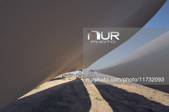 A large crane assembles a wind turbine in the rolling hills of Castelluccio dei Sauri, Foggia, Italy, on November 1, 2024. This wind farm ex...