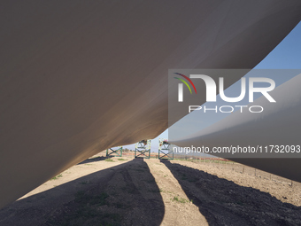 A large crane assembles a wind turbine in the rolling hills of Castelluccio dei Sauri, Foggia, Italy, on November 1, 2024. This wind farm ex...