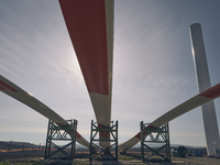 A large crane assembles a wind turbine in the rolling hills of Castelluccio dei Sauri, Foggia, Italy, on November 1, 2024. This wind farm ex...