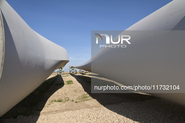 A large crane assembles a wind turbine in the rolling hills of Castelluccio dei Sauri, Foggia, Italy, on November 1, 2024. This wind farm ex...