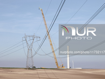 A large crane assembles a wind turbine in the rolling hills of Castelluccio dei Sauri, Foggia, Italy, on November 1, 2024. This wind farm ex...