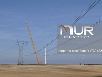 A large crane assembles a wind turbine in the rolling hills of Castelluccio dei Sauri, Foggia, Italy, on November 1, 2024. This wind farm ex...