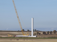 A large crane assembles a wind turbine in the rolling hills of Castelluccio dei Sauri, Foggia, Italy, on November 1, 2024. This wind farm ex...