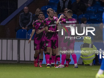 Christian Doidge #9 of Forest Green Rovers F.C. celebrates his goal with teammates during the FA Cup First Round match between Stockport Cou...