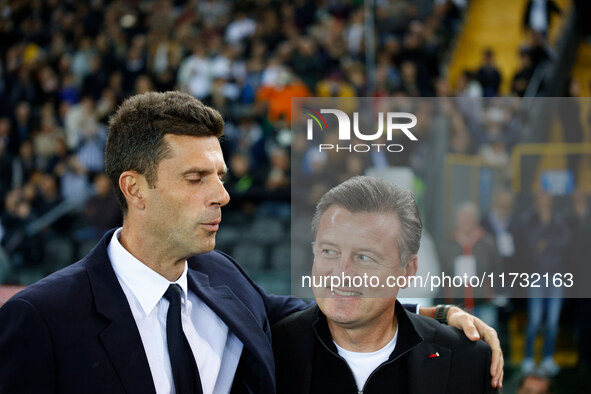 Juventus's head coach Thiago Motta and Udinese's head coach Kosta Runjaic are present during the Italian Serie A Enilive soccer championship...