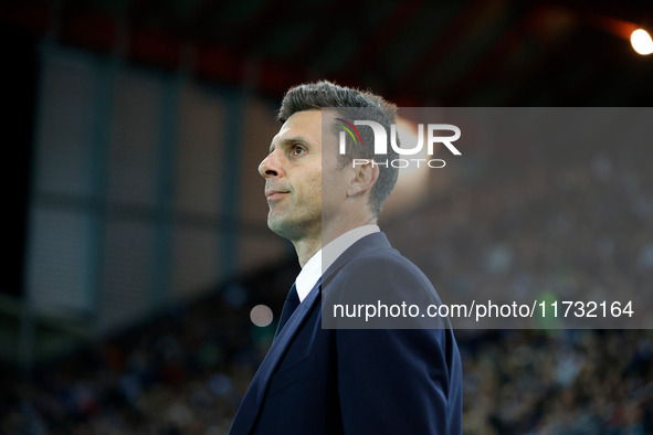 Juventus's head coach Thiago Motta is present during the Italian Serie A Enilive soccer championship football match between Udinese Calcio a...