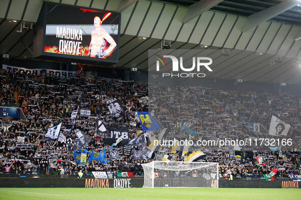 Udinese's supporters attend the Italian Serie A Enilive soccer championship football match between Udinese Calcio and Juventus FC at Bluener...