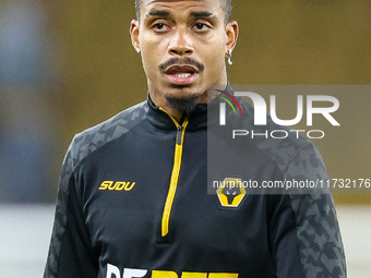 Mario Lemina of Wolves warms up during the Premier League match between Wolverhampton Wanderers and Crystal Palace at Molineux in Wolverhamp...