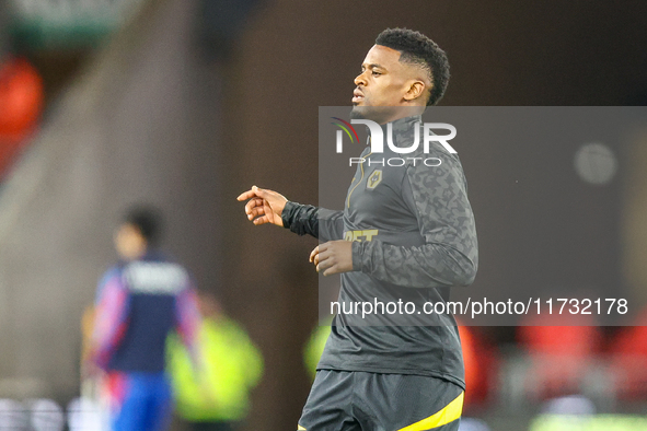 Nelson Semedo of Wolves warms up during the Premier League match between Wolverhampton Wanderers and Crystal Palace at Molineux in Wolverham...