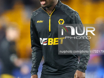 Carlos Forbs of Wolves warms up during the Premier League match between Wolverhampton Wanderers and Crystal Palace at Molineux in Wolverhamp...