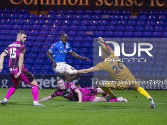 Jamie Searle #20 (GK) of Forest Green Rovers F.C. makes a save during the FA Cup First Round match between Stockport County and Forest Green...