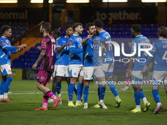 Kyle Wootton #19 of Stockport County F.C. celebrates his goal with teammates during the FA Cup First Round match between Stockport County an...