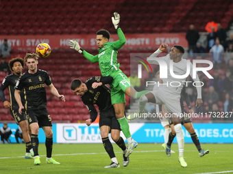 Coventry City goalkeeper Oliver Dovin spills a Middlesbrough cross during the Sky Bet Championship match between Middlesbrough and Coventry...