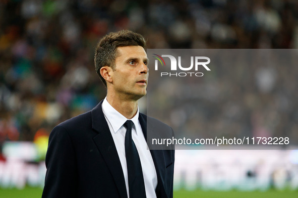 Juventus's head coach Thiago Motta is present during the Italian Serie A Enilive soccer championship football match between Udinese Calcio a...