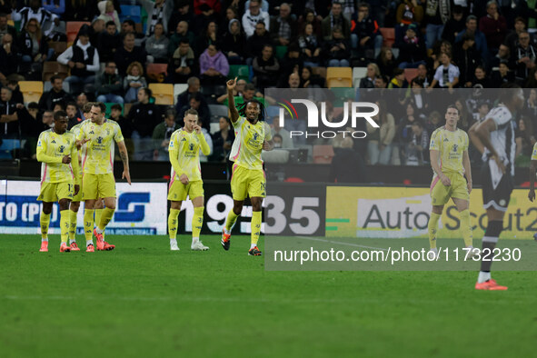 Khephren Thuram of Juventus celebrates after scoring a goal during the Italian Serie A Enilive soccer championship football match between Ud...