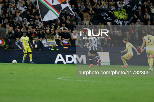 Nicolo Savona of Juventus scores a goal during the Italian Serie A Enilive soccer championship match between Udinese Calcio and Juventus FC...