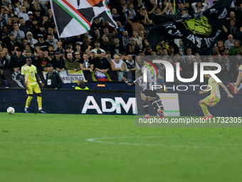 Nicolo Savona of Juventus scores a goal during the Italian Serie A Enilive soccer championship match between Udinese Calcio and Juventus FC...