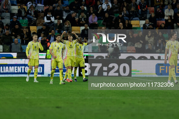 Nicolo Savona of Juventus celebrates after scoring a goal during the Italian Serie A Enilive soccer championship football match between Udin...