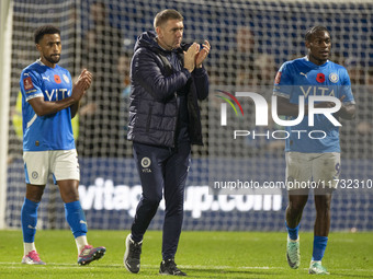 Stockport County manager Dave Challinor applauds at full time during the FA Cup First Round match between Stockport County and Forest Green...