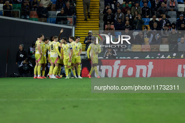 Nicolo Savona of Juventus celebrates after scoring a goal during the Italian Serie A Enilive soccer championship football match between Udin...