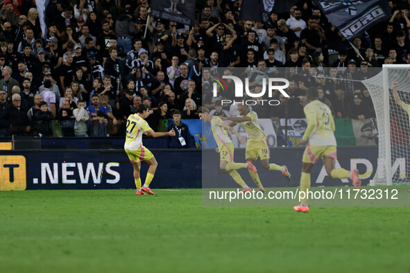 Nicolo Savona of Juventus celebrates after scoring a goal during the Italian Serie A Enilive soccer championship football match between Udin...