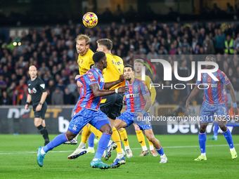 Craig Dawson (#15) and Santiago Bueno (#4) of Wolves go up for the ball during the Premier League match between Wolverhampton Wanderers and...