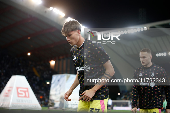 Andrea Cambiaso of Juventus participates in the Italian Serie A Enilive soccer championship football match between Udinese Calcio and Juvent...