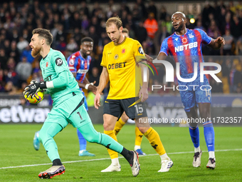 Goalkeeper #1, Jose Sa of Wolves, collects the ball during the Premier League match between Wolverhampton Wanderers and Crystal Palace at Mo...