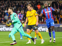 Goalkeeper #1, Jose Sa of Wolves, collects the ball during the Premier League match between Wolverhampton Wanderers and Crystal Palace at Mo...