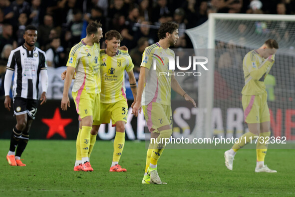 Nicolo Savona of Juventus celebrates after scoring a goal during the Italian Serie A Enilive soccer championship football match between Udin...