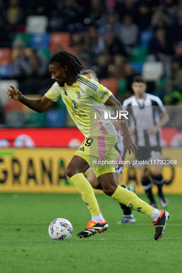 Khephren Thuram of Juventus plays during the Italian Serie A Enilive soccer championship match between Udinese Calcio and Juventus FC at Blu...