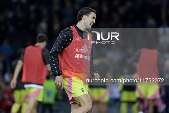 Dusan Vlahovic of Juventus participates in the Italian Serie A Enilive soccer championship football match between Udinese Calcio and Juventu...