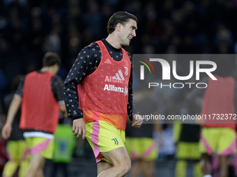 Dusan Vlahovic of Juventus participates in the Italian Serie A Enilive soccer championship football match between Udinese Calcio and Juventu...