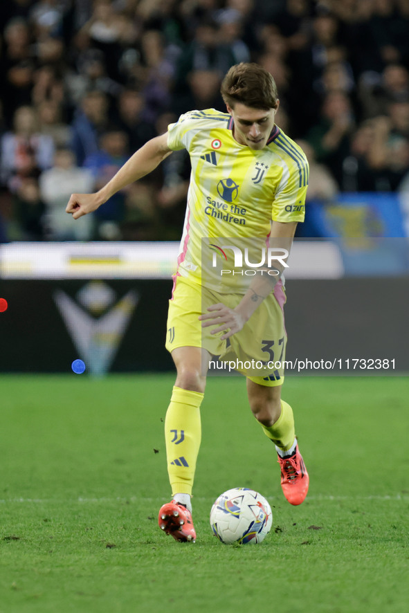 Nicolo Savona of Juventus participates in the Italian Serie A Enilive soccer championship match between Udinese Calcio and Juventus FC at Bl...