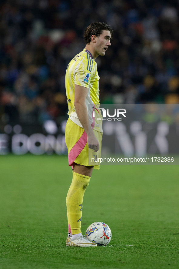 Dusan Vlahovic of Juventus participates in the Italian Serie A Enilive soccer championship football match between Udinese Calcio and Juventu...