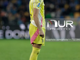 Dusan Vlahovic of Juventus participates in the Italian Serie A Enilive soccer championship football match between Udinese Calcio and Juventu...