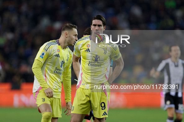 Dusan Vlahovic of Juventus participates in the Italian Serie A Enilive soccer championship football match between Udinese Calcio and Juventu...