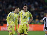 Dusan Vlahovic of Juventus participates in the Italian Serie A Enilive soccer championship football match between Udinese Calcio and Juventu...