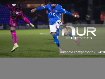 Odin Bailey, number 27 of Stockport County F.C., takes a shot at goal during the FA Cup First Round match between Stockport County and Fores...