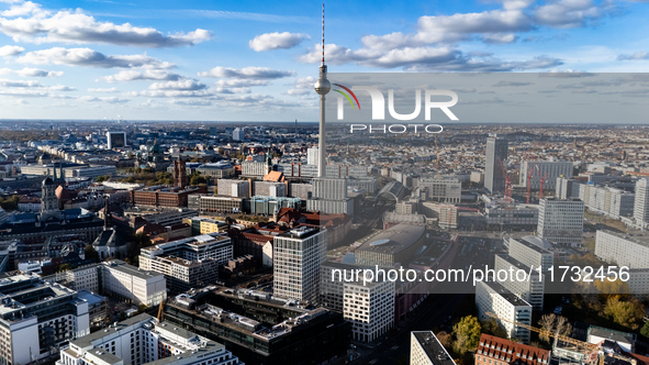 A drone captures a view of the city from Holzmarkt towards Alexanderplatz in Berlin, Germany, on November 2, 2024. 