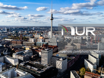 A drone captures a view of the city from Holzmarkt towards Alexanderplatz in Berlin, Germany, on November 2, 2024. (