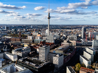 A drone captures a view of the city from Holzmarkt towards Alexanderplatz in Berlin, Germany, on November 2, 2024. (